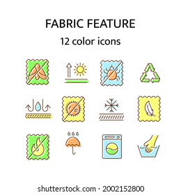 Fabric feature flat icon. Material quality. Fiber type. Textile industry. Thermal insulated fiber. Antistatic fabric. Easy care. Color symbol. Isolated vector stock illustration