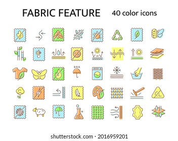 Fabric feature flat icon. Material quality. Fiber type. Textile industry. Windproof, fireproof. Insect resistant. Thermal insulated fiber. Easy care. Color symbol. Isolated vector stock illustration