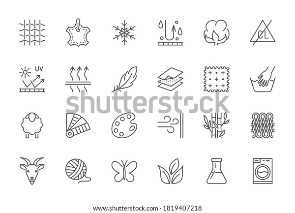 Fabric feature flat line icons set. Clothes\
symbols silk, cotton, breathable, waterproof material, handwash\
cashmere, yarn vector illustrations. Outline signs for garment\
properties, textile\
industry.