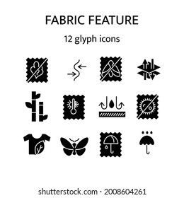 Fabric feature glyph icons set. Bamboo, natural textile, organic cotton. Different properties of fiber. Material quality. Black symbols collection. Isolated vector stock illustration