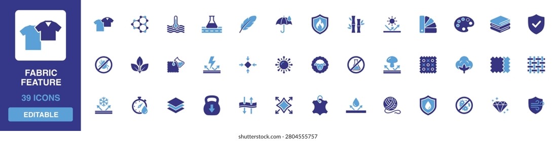 Fabric Feature icon set showcasing textile attributes, garment qualities, clothing material specifications and eco friendly wear glyph designs for fashion tags.