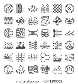 Fabric feature icons set. Outline set of fabric feature vector icons for web design isolated on white background