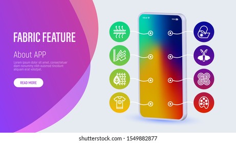 Fabric feature infographics with thin line icons around smartphone and place for text. Symbols of antistatic, waterproof, feather filler, eco-friendly, breathable material. Vector illustration.