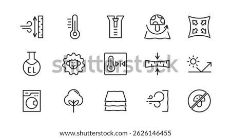 Fabric feature line icon set. Sleek, textile, clothing, patterns, cotton, leather, silk, thermo, recycled, bamboo, and characteristics outline linear icon collection. Textile thin icon pack