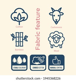 Fabric feature line icons set cotton bamboo cashmere wool stable corolant combed cotton manual control. Modern vector illustration