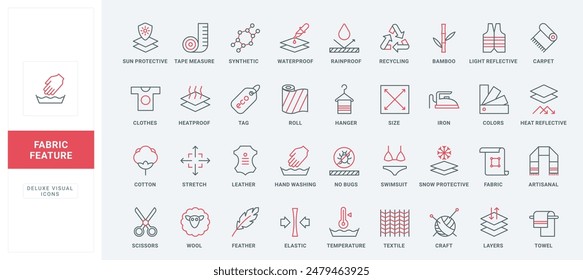 Symbole für Fabric-Elementkanten festgelegt. Flexible und regenfeste Lagen, Wind und Sonne, schneebeständiges Material für Kleidung, Kunststoff- und Baumwolltextilien dünne schwarze und rote Umrisssymbole Vektorillustration