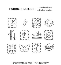 Conjunto de iconos de contorno de funciones de tejido. Industria textil. Diferentes propiedades de la fibra. Calidad material. Colección de símbolos de contorno lineal personalizable. Trazo editable. Ilustración aislada de las existencias vectoriales