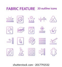 Fabric feature outline icons set. Leather, syntethic fiber. Textile industry. Ultraviolet protection, lightweight. Easy care, moth protection. Gradient symbol. Isolated vector stock illustration