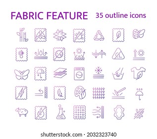 Fabric feature outline icons set. Textile industry. Different properties of fiber. Gradient symbol. Isolated vector stock illustration