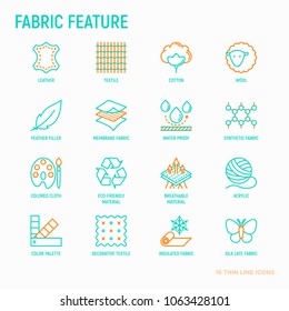 Fabric feature thin line icons set: leather, textile, cotton, wool, waterproof, acrylic, silk, eco-friendly material, breathable material. Modern vector illustration.