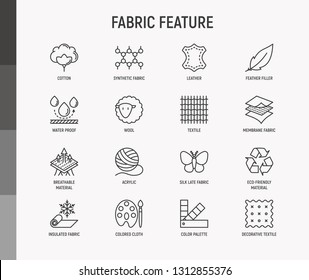 Fabric feature thin line icons set: leather, textile, cotton, wool, waterproof, acrylic, silk, eco-friendly material, breathable material. Modern vector illustration.