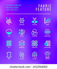 Fabric feature thin line icons set. Symbols of wool, synthetic, silk, antistatic, waterproof, leather, feather filler, eco-friendly, breatheable material. Vector illustration.