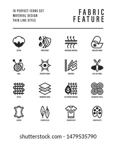 Fabric feature thin line icons set. Symbols of wool, synthetic, silk, antistatic, waterproof, leather, feather filler, eco-friendly, breatheable material. Vector illustration.