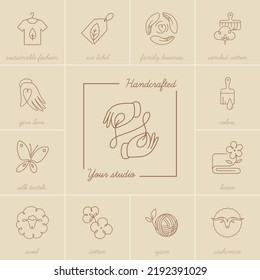 Fabric feature thin line icons: sustainable fashion, eco-label, love, family business, silk textile, wool, handcraft, cashmere, and cotton. Modern vector illustration. EPS 10.