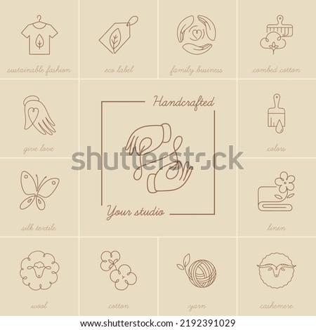 Fabric feature thin line icons: sustainable fashion, eco-label, love, family business, silk textile, wool, handcraft, cashmere, and cotton. Modern vector illustration. EPS 10.