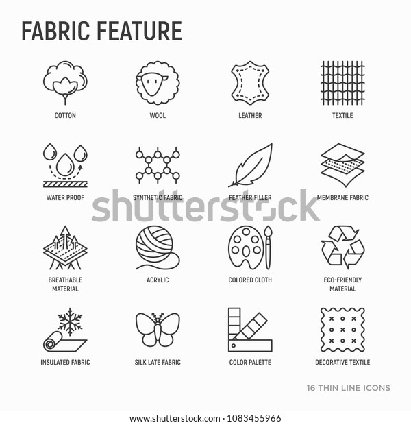Fabric feature thin\
line icons set: leather, textile, cotton, wool, waterproof,\
acrylic, silk, eco-friendly material, breathable material. Modern\
vector illustration.