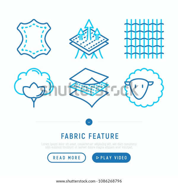 Fabric feature thin line icons set:\
leather, textile, cotton, wool, waterproof, breathable material.\
Modern vector\
illustration.