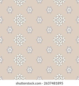 fabric features a beige and light blue snowflake pattern with delicate and continuous motifs, suitable for gift wrapping paper or winter-themed decorations.
