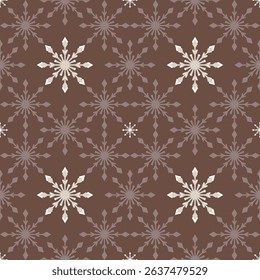 fabric features a brown and cream snowflake pattern on a dark brown background, evoking a warm and vintage feel, suitable for winter or Christmas decorations.