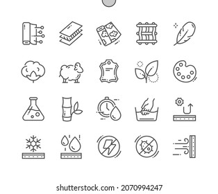 Fabric features. Decorative textile. Cotton, wool, bamboo, leather and color. Eco materials. Water and snow proof. Pixel Perfect Vector Thin Line Icons. Simple Minimal Pictogram