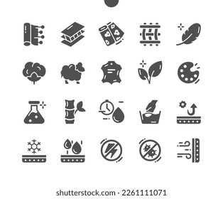 Fabric features. Decorative textile. Cotton, wool, bamboo, leather and color. Eco materials. Water and snow proof. Vector Solid Icons. Simple Pictogram