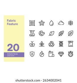Fabric features icon set offering diverse textile qualities from durability to softness using simple