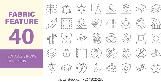 Fabric Features line Editable Icon set. Containing textile, recycling, cotton, polyester, organic farming, silk, thermo, bamboo, leather, wool and more. Editable line icons. Vector illustration.	