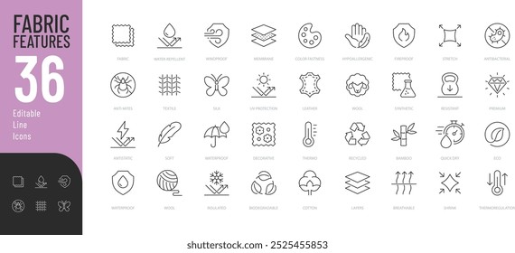 Fabric Features line Editable Icons set. Vector illustration in thin line modern style of textile related icons: Thermo, recycled, bamboo, and more. Isolated on white