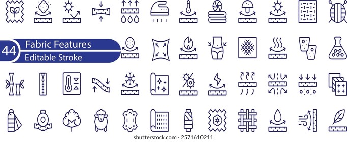 Fabric Features line Editable Icons set. Vector illustration in thin line modern style of textile related icons Thermos , recycled, bamboo, and more.