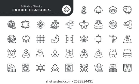 Fabric features line icon set. Fabric, textile material, cotton, leather, silk, synthetics, wool, bamboo, waterproof, windproof and others. Outline vector icon in linear style.
