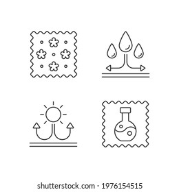 Fabric features linear icons set. Print textile. Water repellent. Fabric with reflective parts. Customizable thin line contour symbols. Isolated vector outline illustrations. Editable stroke