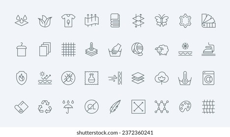 Fabric features and properties thin line icons set vector illustration. Outline black symbols of leather and wool, cotton textile and feather, antibacterial and waterproof materials and layers