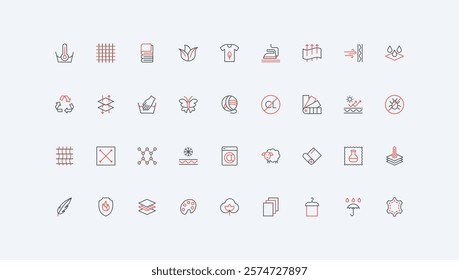 Fabric features and properties, waterproof and windproof, stretch material line icon set. Cotton and wool, leather and silk, membrane layers thin black and red outline symbols vector illustration