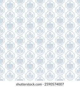 The fabric features a repeating, symmetrical floral motif in light blue and white on a beige background, with intricate and elegant ornamental designs suitable for various decorative purposes.