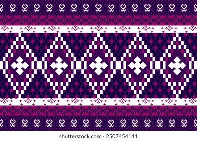 The fabric features a repetitive diamond shape design, interlaced with smaller square and cross motifs, all rendered in shades of purple, white, and pink.