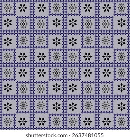 fabric features a square grid pattern in greyish-purple, alternating between floral motifs and small geometric patterns. It conveys an orderly and classic feel, suitable for decoration or textile
