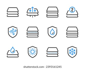 Fabric features vector line icons. Material protection and Layered fabric outline icon set.