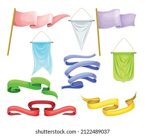 Fabric flags, pennants, ribbons set. Blank advertising banners of different colors vector illustration