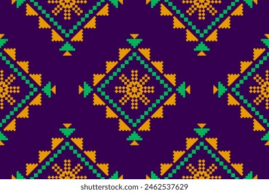 Patrón de flor de tela arte. Patrón sin costuras étnico geométrico en tribal. Diseño de fondo, Fondo de pantalla, Ilustración vectorial, tela, ropa, alfombra, textil, batik, bordado.