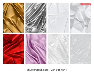 Fabric, foil, paper, plastic film, 3d realistic vector set