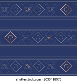 Fabric geometric seamless pattern with rhombuses,squares, triangles. blue background.