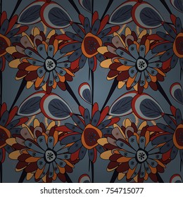 Fabric gray, blue and black seamless pattern with flowers. Vector texture daisy flowers detail.
