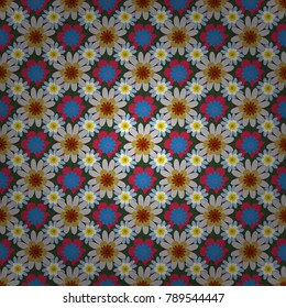 Fabric gray, blue and green seamless pattern with flowers. Vector texture daisy flowers detail.