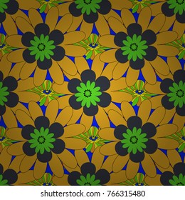 Fabric gray, green and orange seamless pattern with flowers. Vector texture daisy flowers detail.
