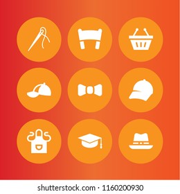 fabric icon. 9 fabric set with banner, needle with thread to sew clothes, hat and bow tie vector icons for web and mobile app