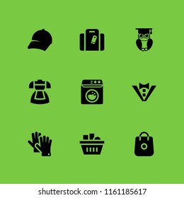 fabric icon. 9 fabric set with handbag in black with a label, cap, washing machine and hat vector icons for web and mobile app