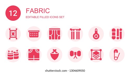 fabric icon set. Collection of 12 filled fabric icons included Carpet, Laundry basket, Curtains, Threader, Rolls, Pants, Kerchief, Tie, Layers, Knit, Safety pin