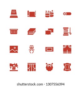 fabric icon set. Collection of 16 filled fabric icons included Leather, Knitting, Curtains, Sewing machine, Pants, Rug, Ring pop, Layer, Yarn, Pillows, Layers, Laundry basket