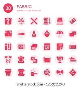 fabric icon set. Collection of 30 filled fabric icons included Tie, Wool, Knitting neddles, Yarn, Thimble, Pants, Roll, Threader, Kerchief, Wet protect, Knit, Carpet, Layers, Laundry