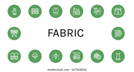 fabric icon set. Collection of Chainmail, Carpet, Polo shirt, Moisturizer, Ironing board, Swimming trunks, Slippers, Textile, Laundry, Sewing, Nightgown, Curtain, Yarn icons